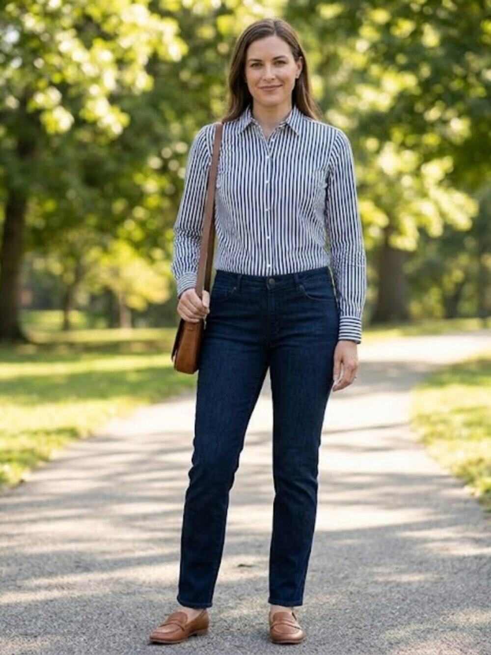 Foxcroft Size 8 Navy Striped Wrinkle-Free Button-Up Shirt Classic Workwear